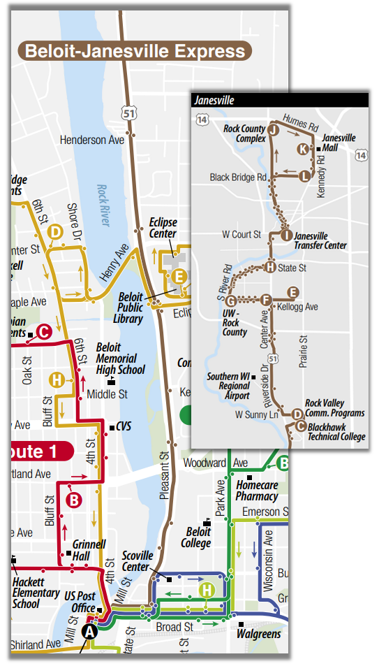 A map of the BJE route, focusing on Beloit and Janesville